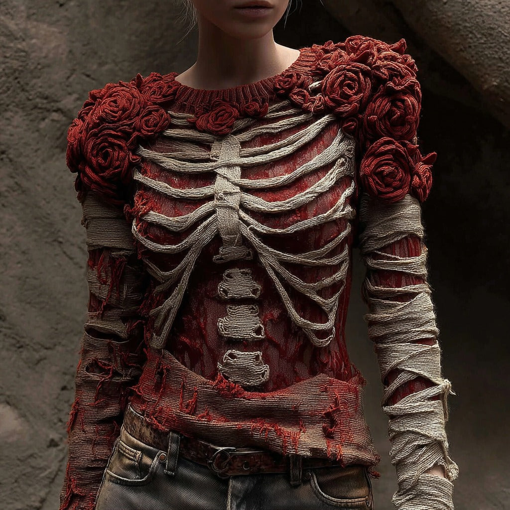 Women's Halloween Anatomical Bandage Rose Art Cozy Knit Sweater artswardrobe