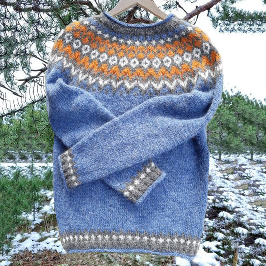 Unisex Vintage Icelandic Orange Blue Knit Jacquard Warmth Crew Neck Sweater elevenforest