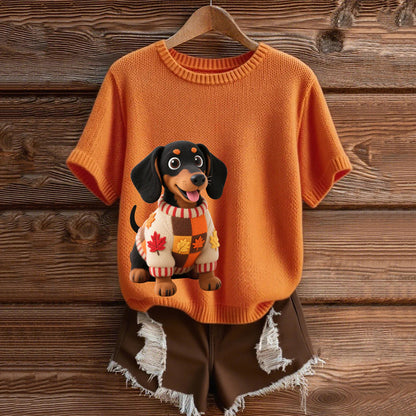 Comstylish Vintage Dachshund With Felt In Autumn Inspired Embroidered Short Sleeve Cozy Knit Sweater