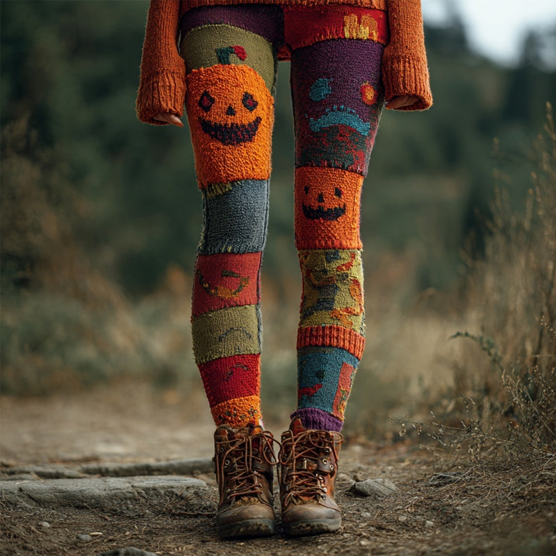 Halloween Pumpkin Spooky Face Patchwork Comfy Leggings artswardrobe