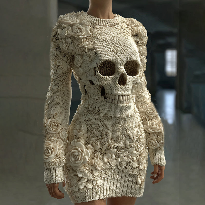 Women's Hot Sexy Style Halloween Skeleton Bones Leather With Rose Pattern Art Cozy Knit Mini Sweater Dress artswardrobe