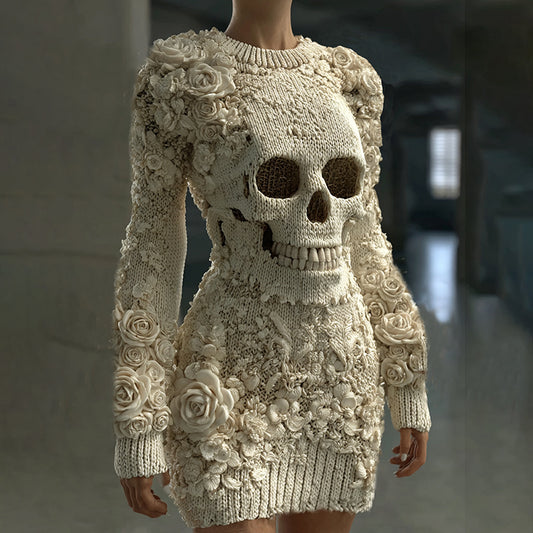 Women's Hot Sexy Style Halloween Skeleton Bones Leather With Rose Pattern Art Cozy Knit Mini Sweater Dress artswardrobe