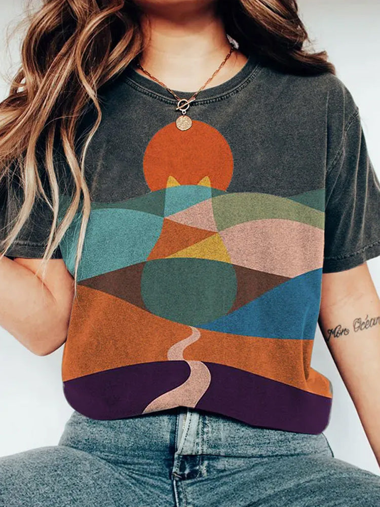 Comstylish Cat Mountains Landscape Sunrise Japanese Art Vintage T-shirt