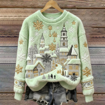 Comstylish Christmas Snow Scene Embroidery Women's Cozy Plush Sweater