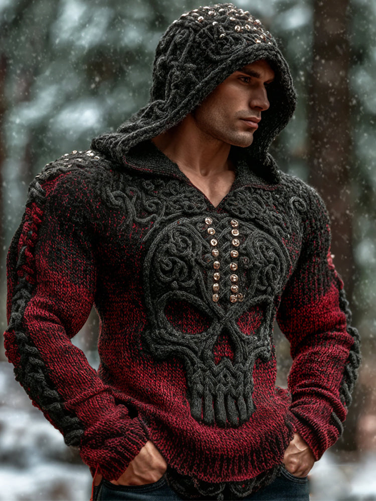 Viking Studded Skull Art Men's Chunky Knit Hooded Sweater artswardrobe