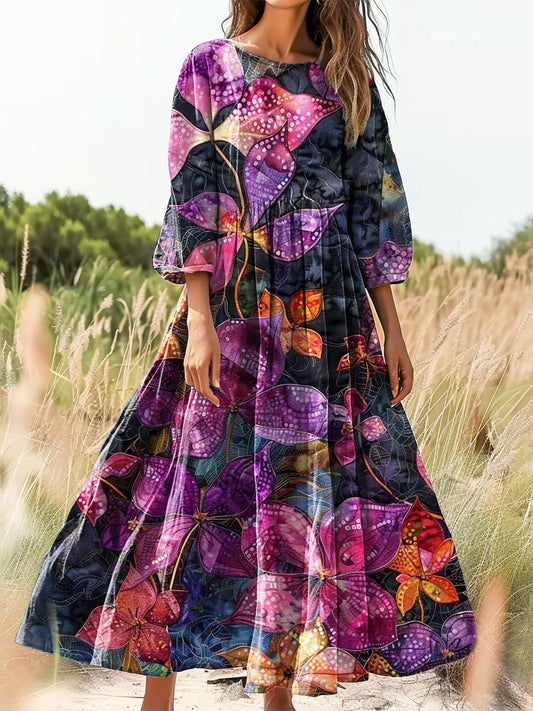 Women's Floral Art Print Flowy Cotton Crew Neck Dress