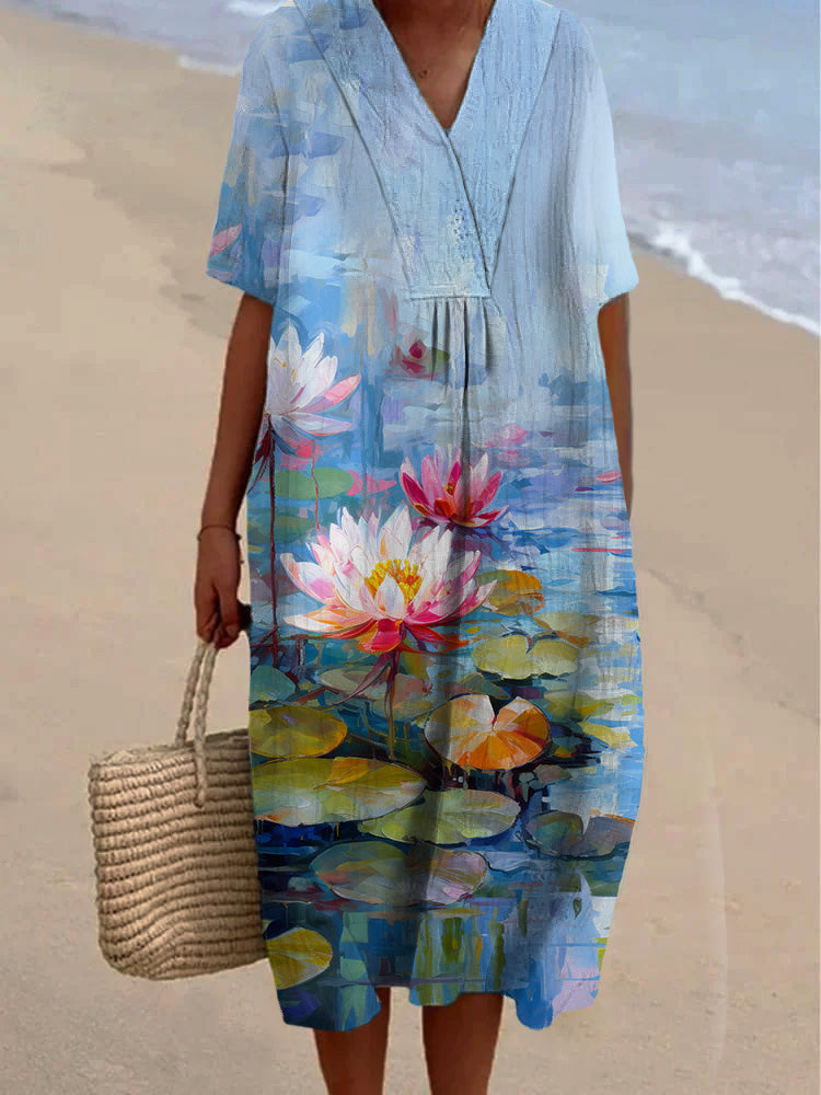 Elegant Oil Painting Flower Lotus Printed Women's Casual Cotton And Linen