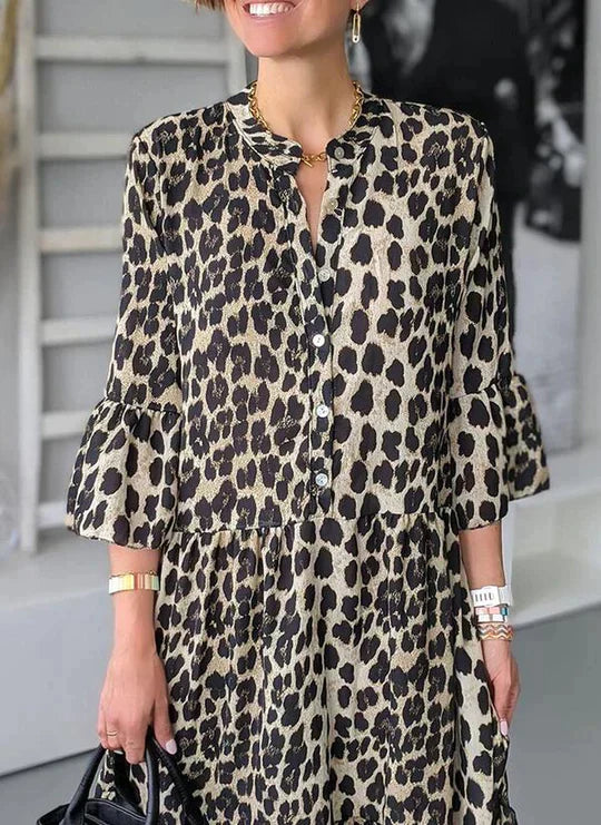ER | Abito midi con stampa leopardo, abbottonatura e maniche a 3/4
