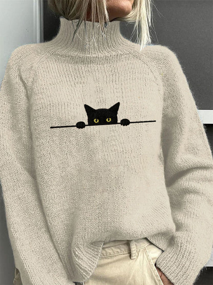 Women's Casual Funny Black Cat Print High Neck Sweater elevenforest