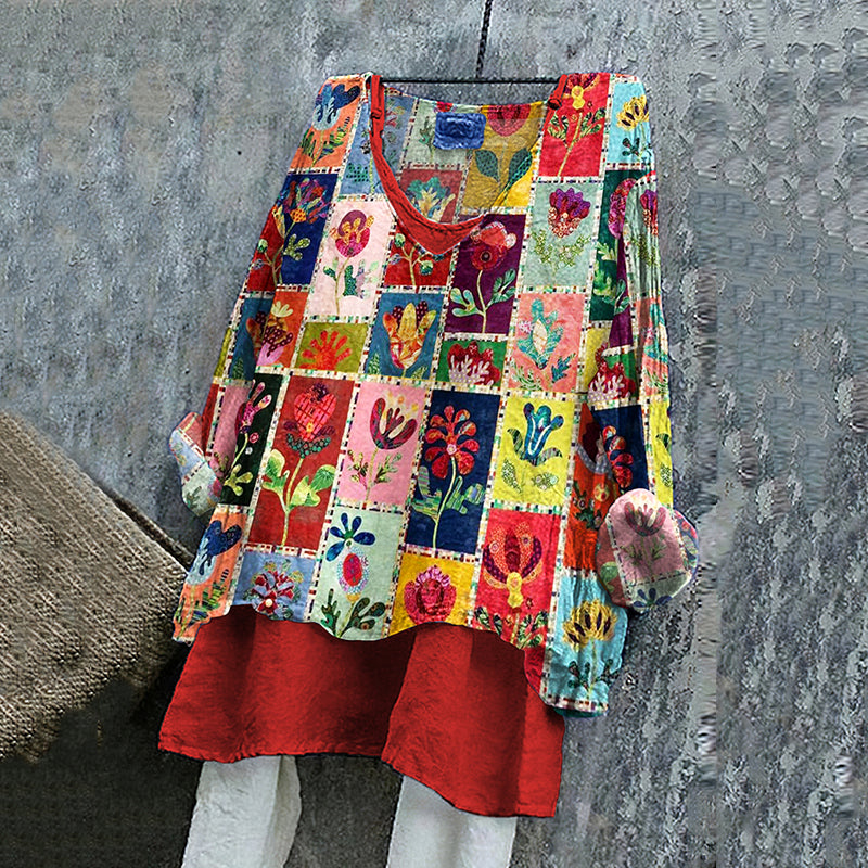 Comstylish Women's Flower Patchwork Art V-neck Linen Blend V-neck Shirt