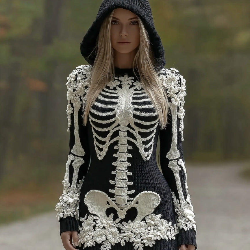 Halloween Skeleton Anatomy Floral Hooded Cozy Knit Sweater artswardrobe