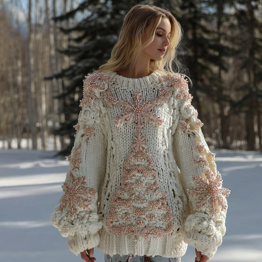 Women's Pink Snowflake Pearl Christmas Tree Knitted Jacquard Sweater artswardrobe