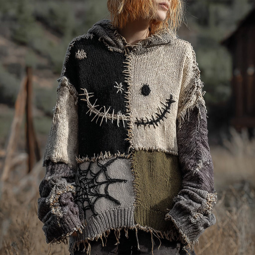 Halloween Spooky Face And Spider Web Patchwork Design Cozy Knit Hooded artswardrobe