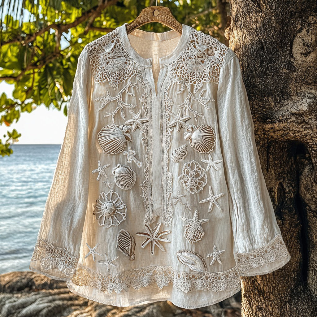 Comstylish Holiday Ocean Shells Starfish Embroidered Lace Art Linen Blend Shirt
