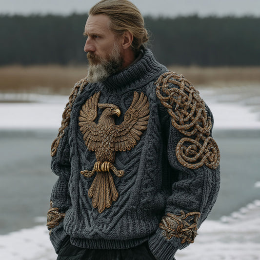 Men's Vintage Viking Celtic Knot Eagle Art Knit Turtleneck Sweater artswardrobe