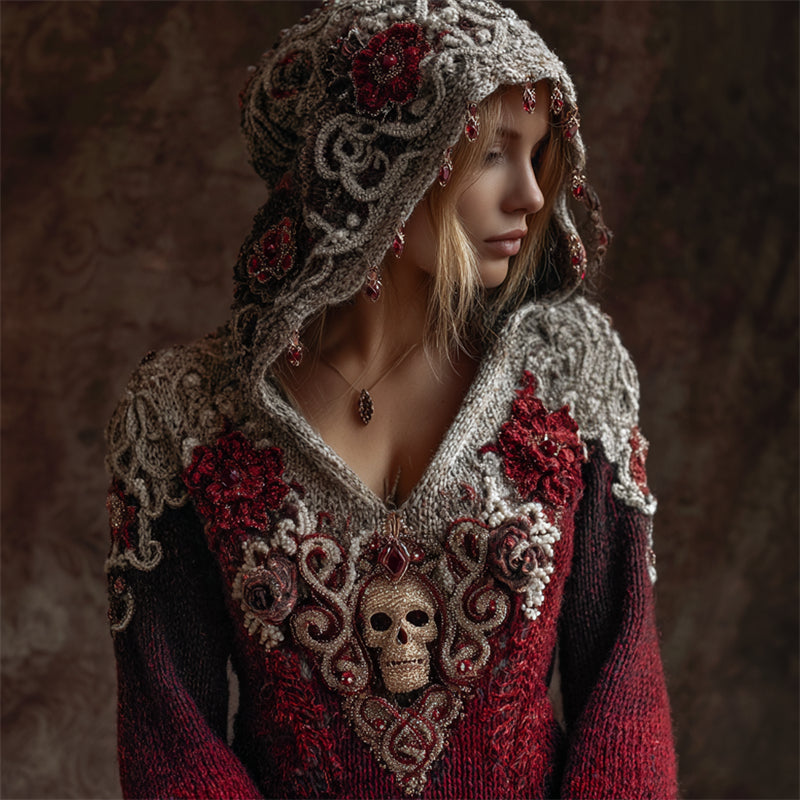 Vintage Diamond Skull & Flowers Celtic Cozy Knit Hooded Sweater artswardrobe