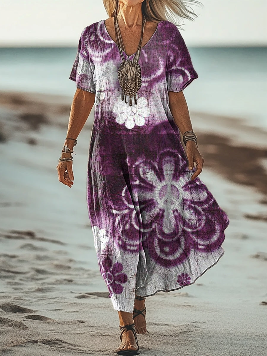 Women's Vintage Tie-Dye Hippie Peace Floral Art Print V Neck Pocket Co