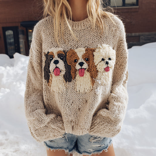 Fuzzy Papillon Cavalier King Charles Spaniel And Bichon Frise Dog Family Felt Cozy Knit Sweater artswardrobe