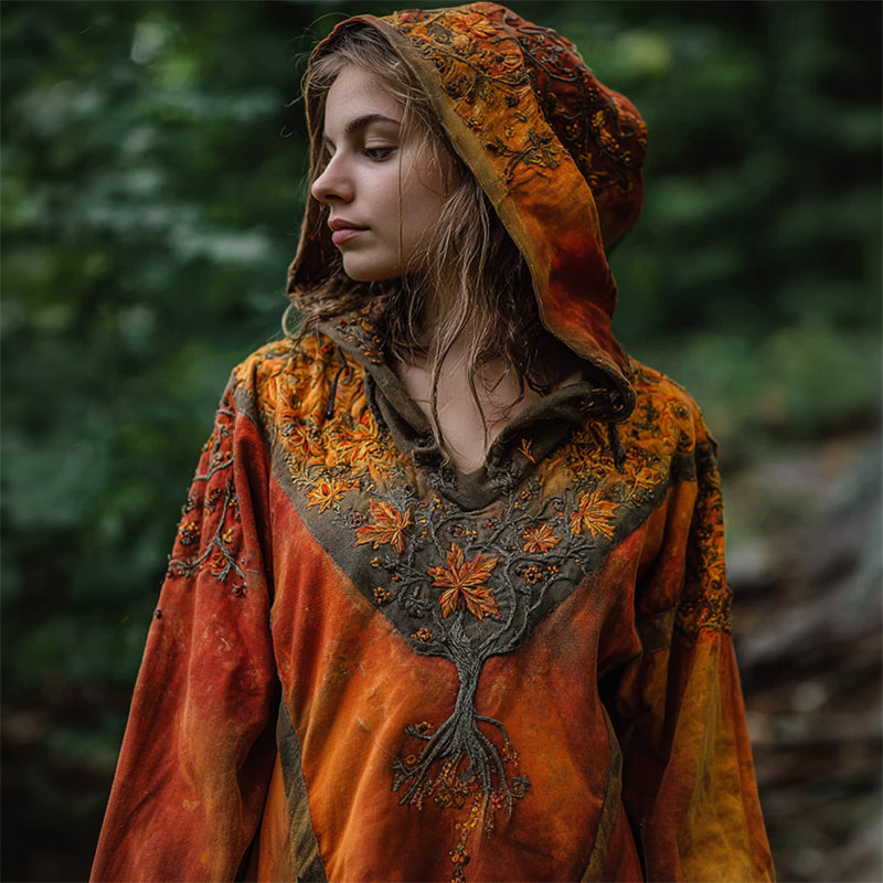 Comstylish Vintage Fall Leaves Tree Of Life Embroidered Dyed Hoodie