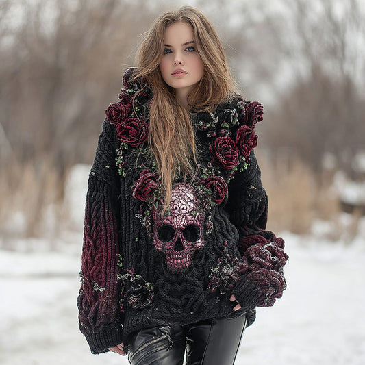 Women's Skull And Spiderwebs Art Gradient Knit Hooded Sweater artswardrobe