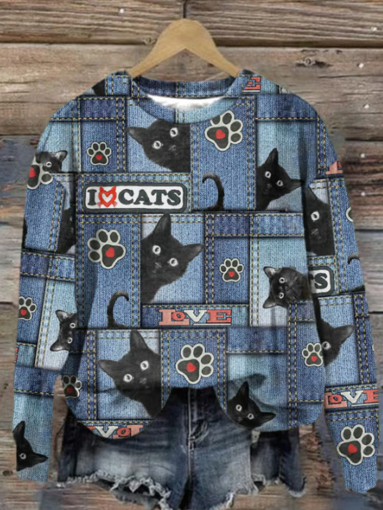 Retro I Love Cats Denim Cat Paws Print Sweatshirt artswardrobe