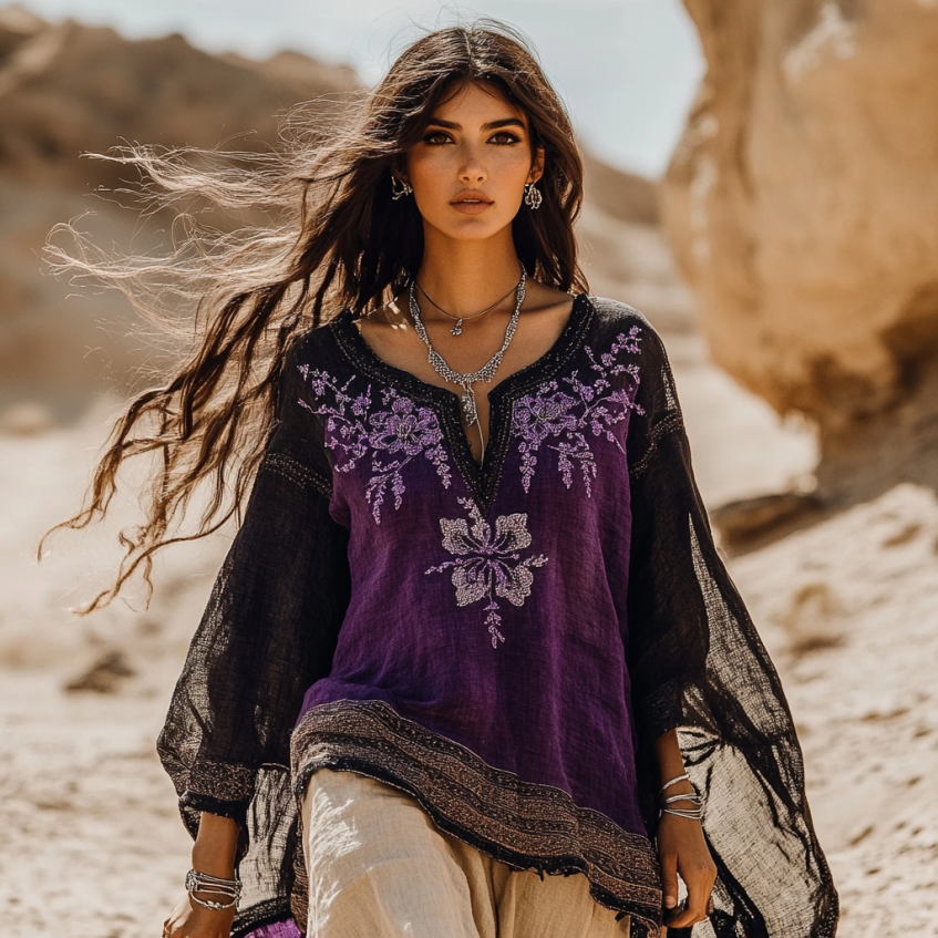 Comstylish Vintage Boho Lavender Embroidered Color Block Linen Tunic