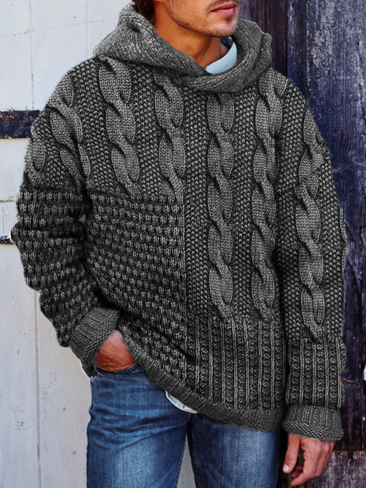 Men's Vintage Retro Patchwork Cable Knit Hooded Sweater elevenforest