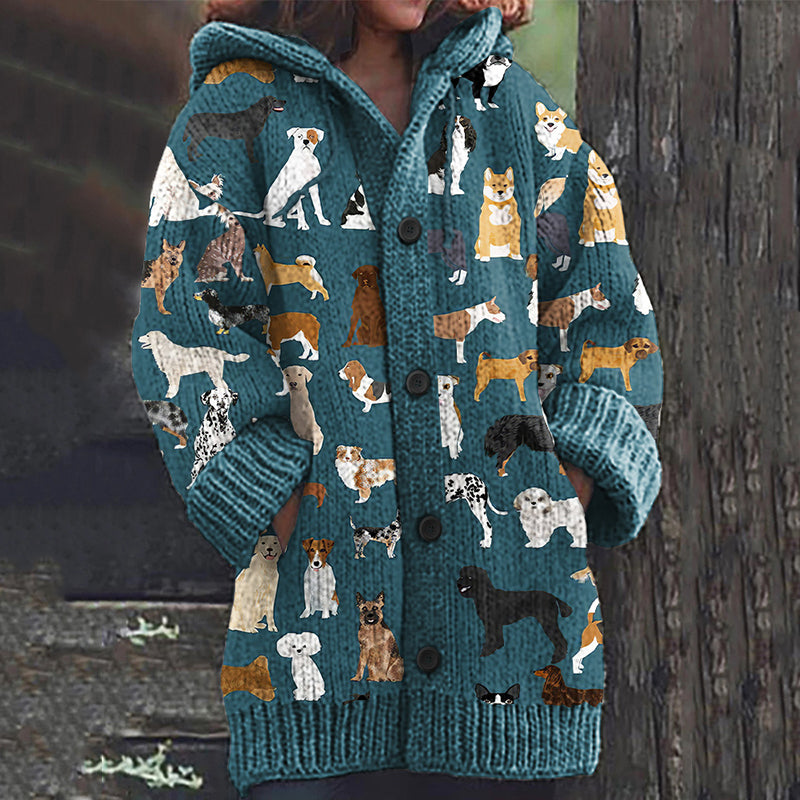 Comstylish Dog Print Long Sleeve Knitted Hooded Cardigan