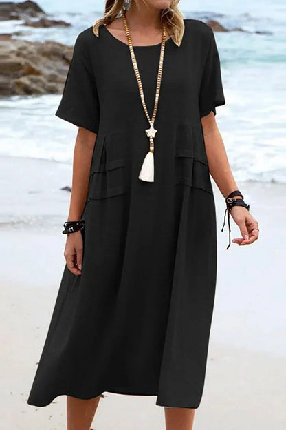 ER | Abito casual sciolto a maniche corte con scollo rotondo e tinta unita