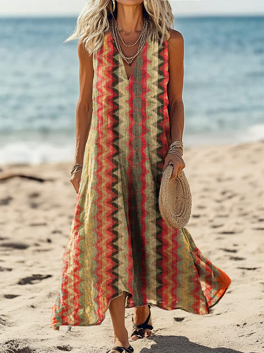 Women's Vintage Ethnic Art Print V-Neck Sleeveless Cotton Pocket Holid