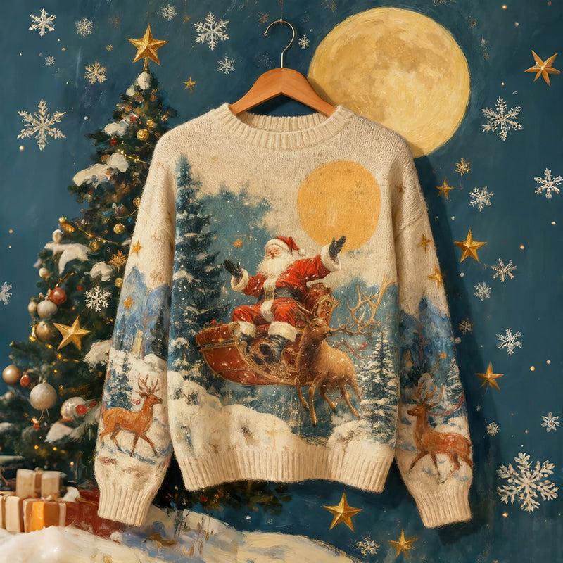 Merry Christmas Men's Retro Christmas Moonlight Night Santa Claus Art Cozy Knit Sweater artswardrobe