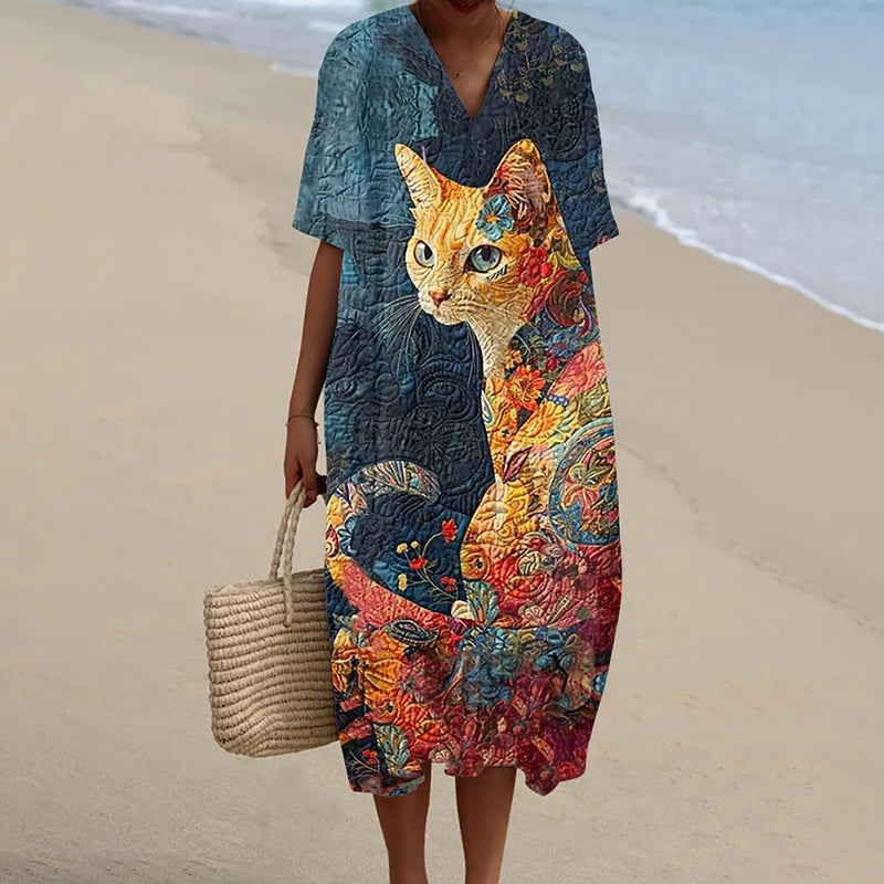 Comstylish Women's Animal Cat Art Print Casual Flowy Midi Dress