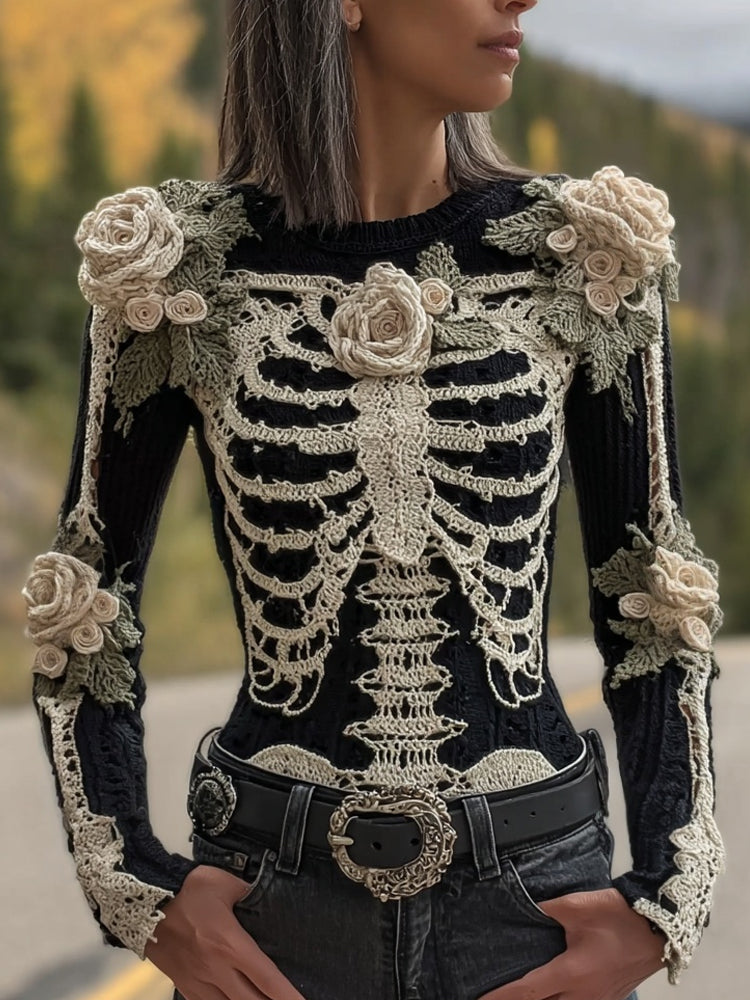 Vintage Skeleton Roses Crochet Art Cozy Knit Sweater artswardrobe