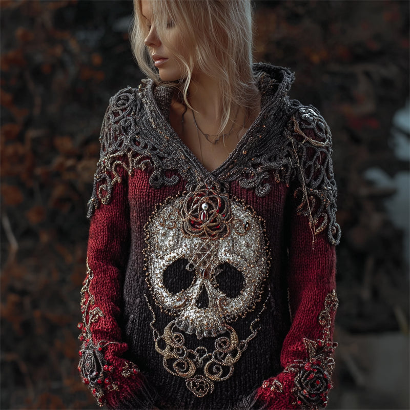 Elegant Skull & Roses Beaded Celtic Gradient Cozy Knit Hooded Sweater artswardrobe
