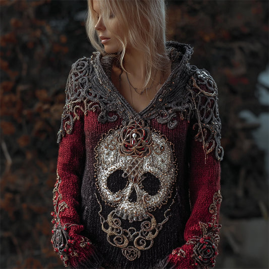 Elegant Skull & Roses Beaded Celtic Gradient Cozy Knit Hooded Sweater artswardrobe