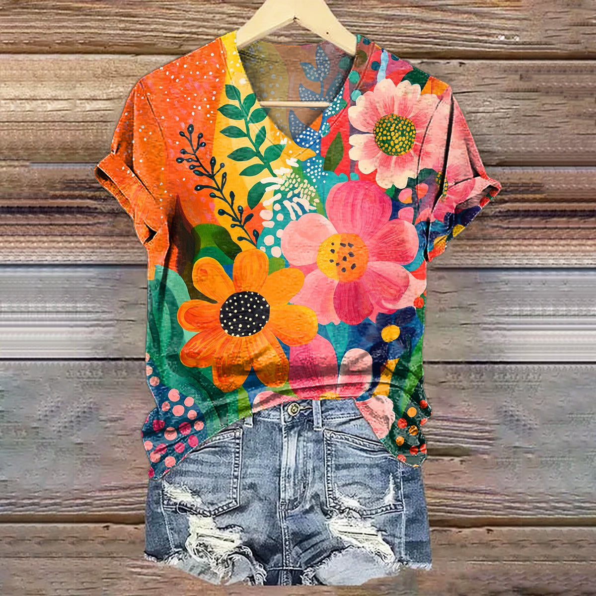 Women's Floral Art Print V-Neck Cotton T-Shirt