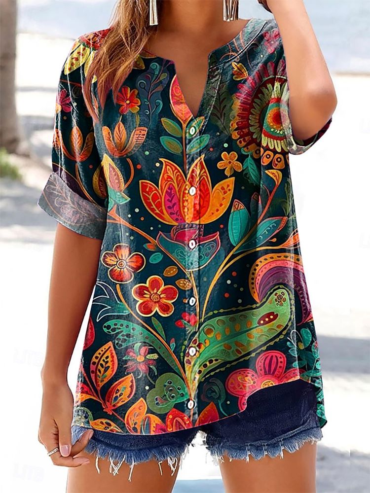 Women's Floral Pattern Art Print Cotton Linen Casual Shirt