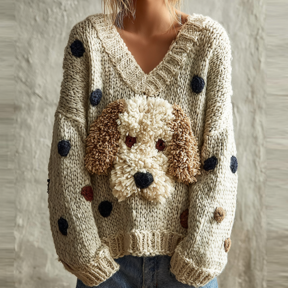 Comstylish Lady Retro Cute Dog Plush Comfortable Knitted Sweater.