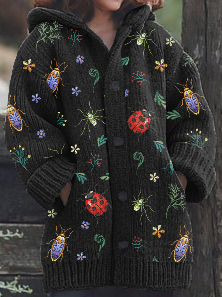 Insect Floral Embroidery Pattern Cozy Knit Hooded Cardigan artswardrobe