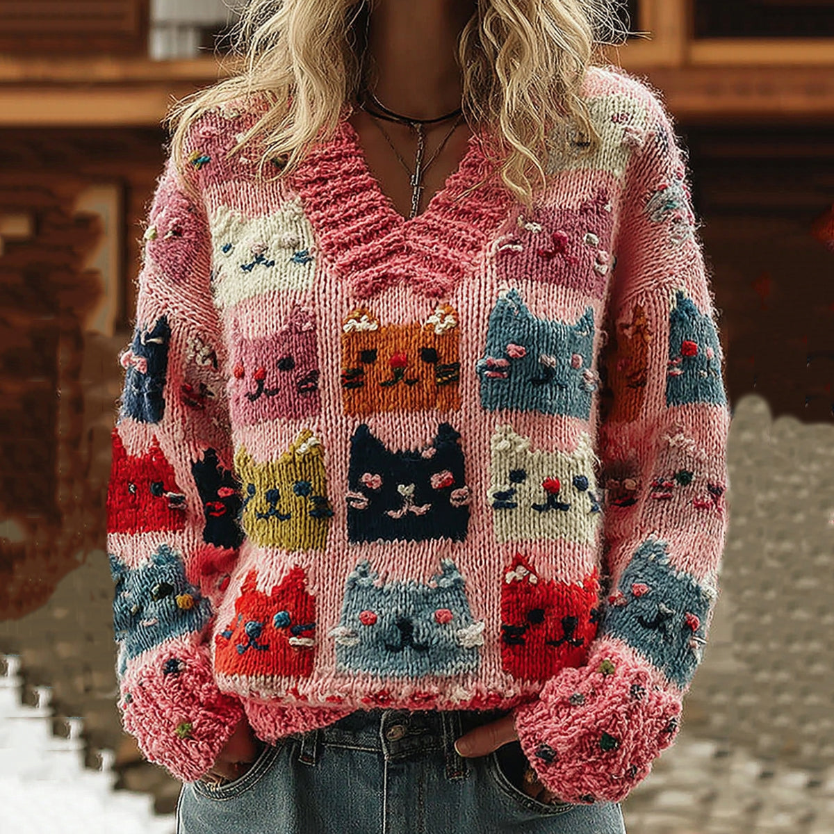 Colorful Cats Pattern Art Cozy Knit V Neck Sweater elevenforest