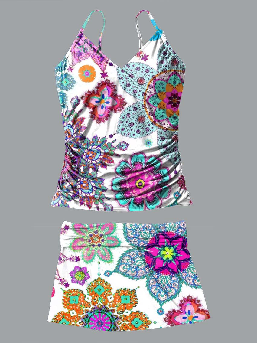 Retro Colorful Mandala Flowers Print Suspender Skirt Tankini Pantskirt Set Swimsuit