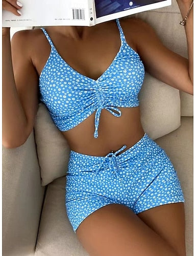 Tankini 2 Piece Swimsuit Ruched Shorts Tummy Control High Waist Slim Backless Vacation Beach Wear Graphic V Neck Sleeveless Bathing Suits