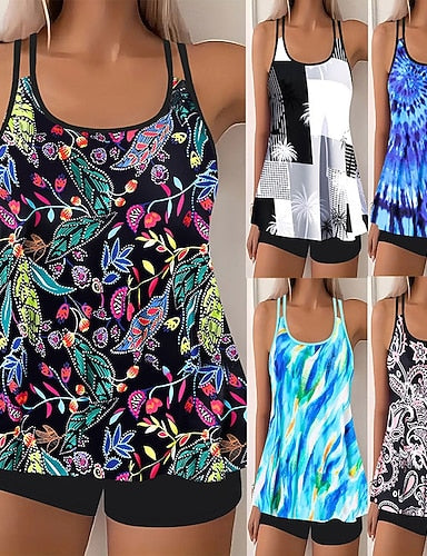 Swimwear 2 Piece Shorts Swimsuit Backless Vacation Beach Wear Graphic U Neck Sleeveless Bathing Suits
