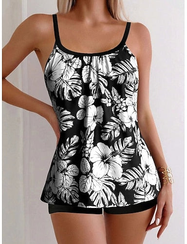 Swimwear Tankini 2 Piece Boy Leg Swimsuit Backless High Waist Vacation Beach Wear Leaves Round Neck Sleeveless Bathing Suits