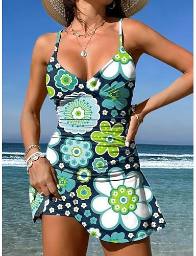 Swimwear One Piece Skirt Swimsuit Vacation Graphic V Neck Sleeveless Bathing Suits