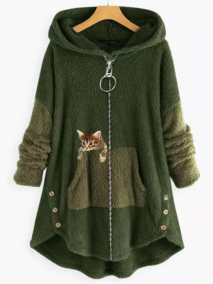 Cappotto in pile con cappuccio, pannelli colorblock e tasca ricamata con gattino