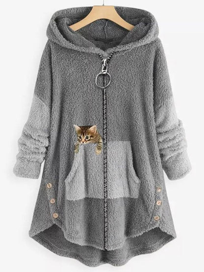 Cappotto in pile con cappuccio, pannelli colorblock e tasca ricamata con gattino