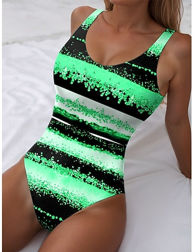 One Piece Swimsuit Slimming Monokini High Cut Tummy Control High Waist Slim Backless Vacation Ombre Graphic U Neck Sleeveless Bathing Suits