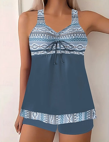 Swimwear 2 Piece Shorts Swimsuit Backless Vacation Beach Wear Graphic Round Neck Sleeveless Bathing Suits