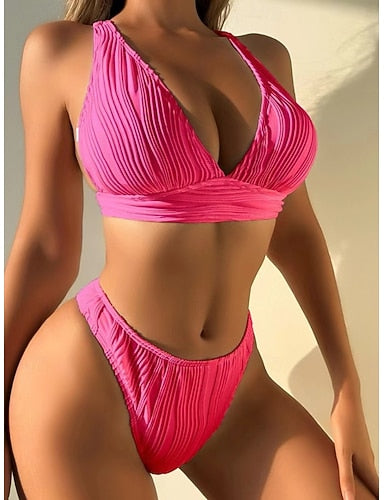 Bikini 2 Piece Swimsuit Underwire Thong Slim Backless Vacation Beach Wear Color V Neck Sleeveless Bathing Suits